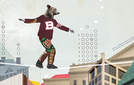 collage illo of Bruno on the high wire
